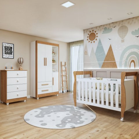 Quarto de Bebê Completo com Cômoda, Berço com Colchão e Guarda Roupas Mia