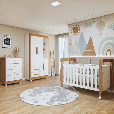 Quarto de Bebê Completo com Cômoda, Berço com Colchão e Guarda Roupas Mia