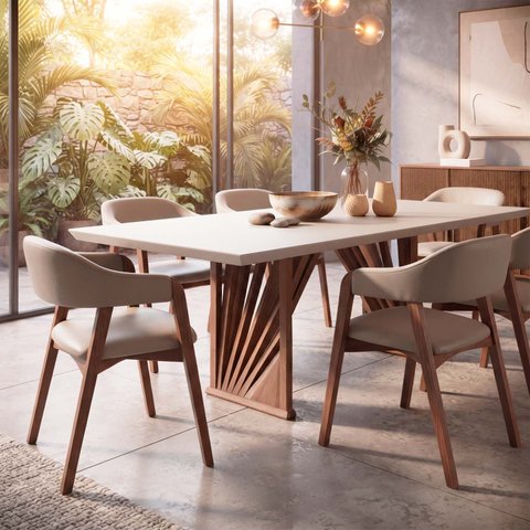 Mesa Jantar Base Madeira Maciça Retangular 200 cm 6 Lugares Tampo com Vidro Mesa Moderna Madeira