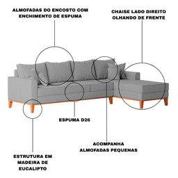 Sofá 4 Lugares Beny com Chaise Direito Linho Cinza - 5