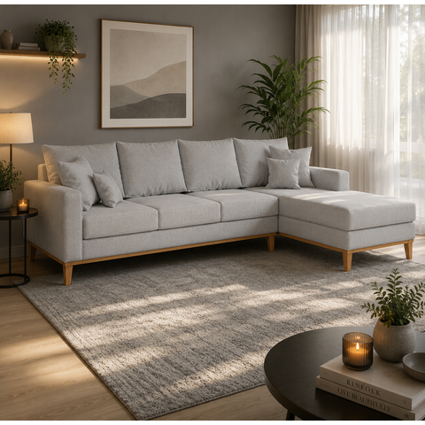Sofá 4 Lugares Beny com Chaise Direito Linho Cinza