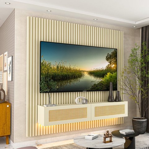 Estante Home para TV até 65 Polegadas Ripado com LED 100% MDF 180CMX174CM Supremo Slim Native Off White