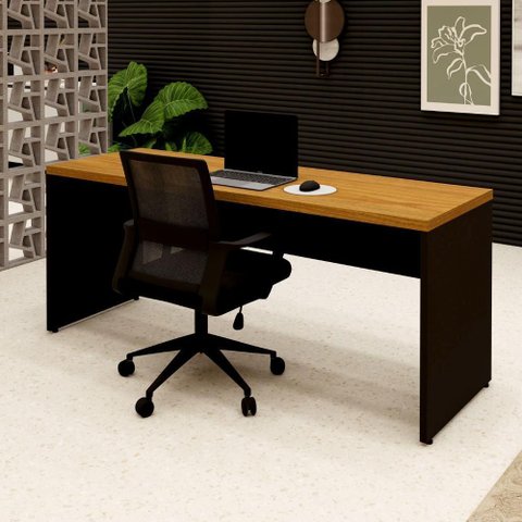 Mesa Escritório 1,80m X 0,60m Pé Painel e Cadeira Diretor F5 Cor:freijó com Preto