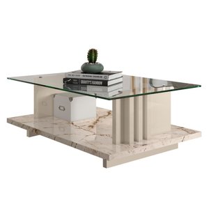 Mesa de Centro para Sala Frizz Tampo Vidro Calacata Off White Madetec