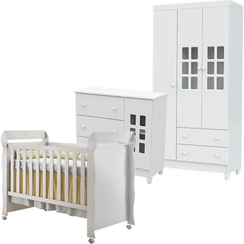 Quarto de Bebê Mariah 3p com Berço Mirelle Branco Brilho - Carolina