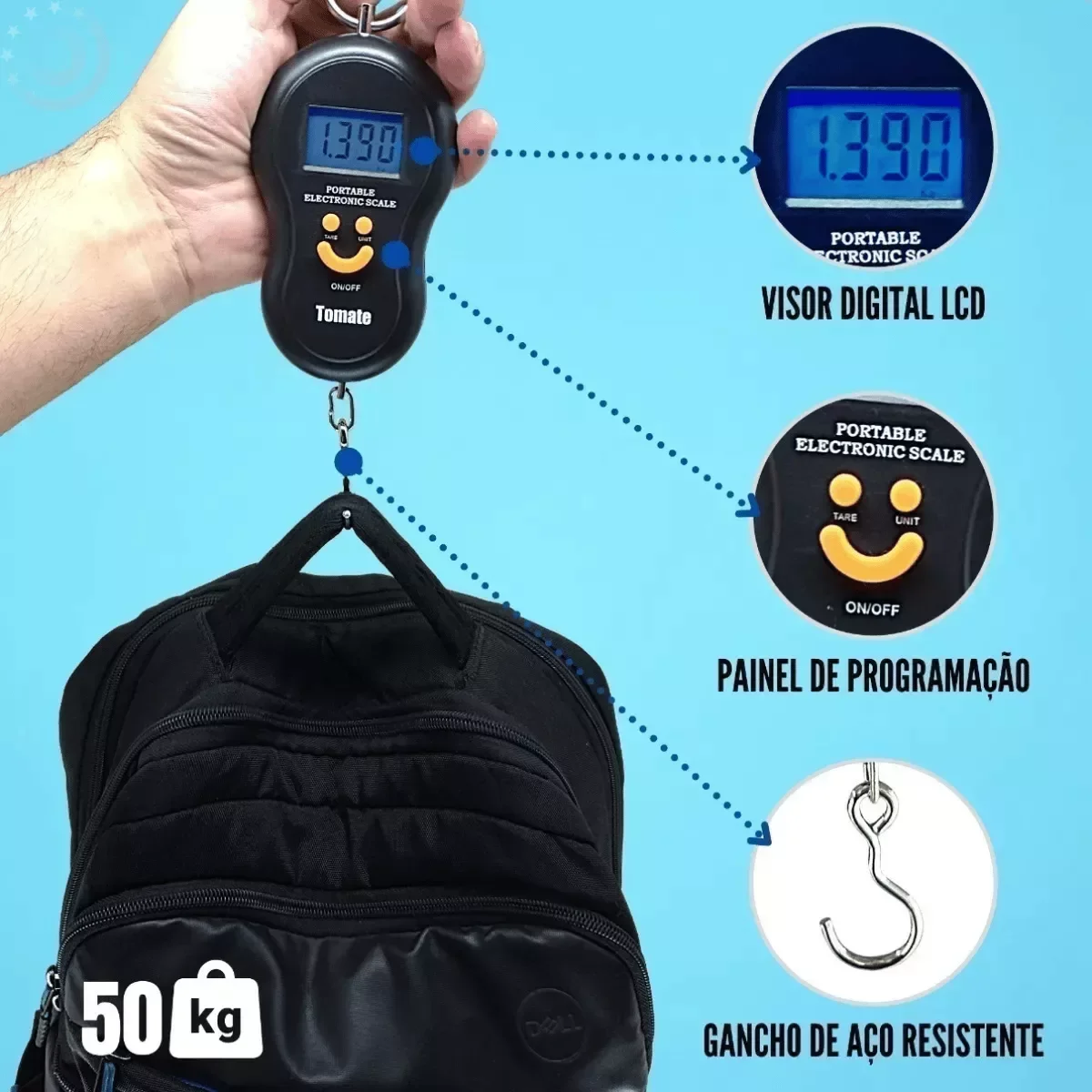 Balança Pratica De Gancho Portátil Digital - Pesa Até 50kg - 4
