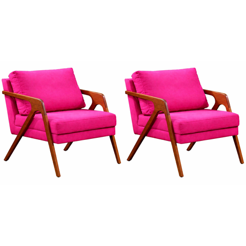 Kit 02 Poltronas Decorativa Mona Luxo Base de Madeira Maciça Sala Recepção Veludo Rosa Pink Eli Móve