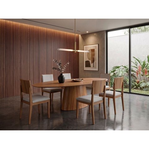 Sala de Jantar Barcelona 180cm com 6 Cadeiras Madeira Maciça Santorini Cinamomo Linho Prata