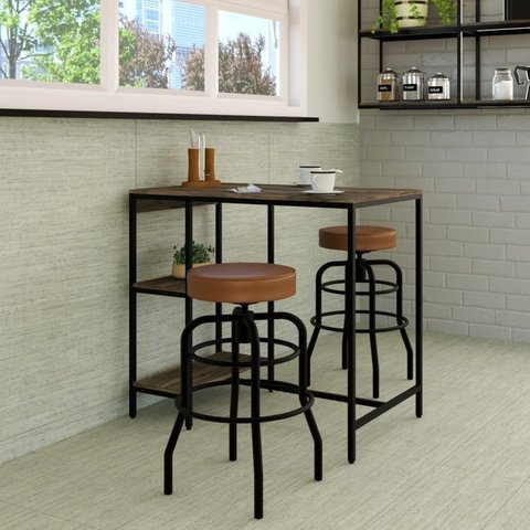 Conjunto Mesa Bistrô 2 Banqueta Aço Giratória Espresso Móveis Preto/Carvalho Dark/Caramelo