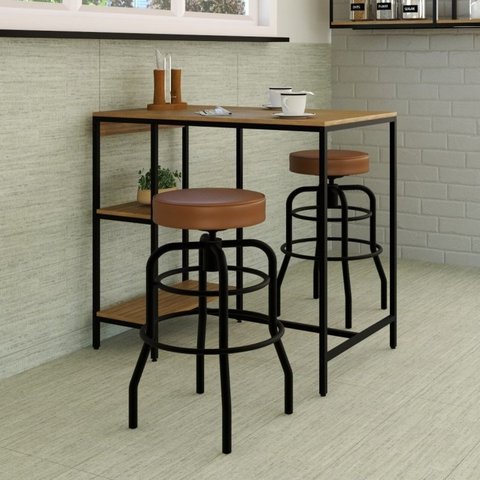 Conjunto Mesa Bistrô 2 Banqueta Aço Giratória Espresso Móveis Preto/Mel/Caramelo