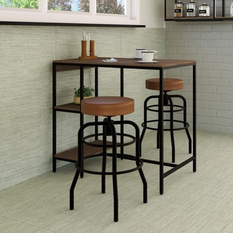 Conjunto Mesa Bistrô 2 Banqueta Aço Giratória Espresso Móveis Preto/Nogal/Caramelo
