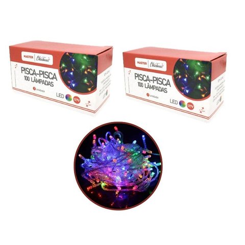 Kit 2 Pisca Pisca 100 Lâmpadas Led Colorido Fio Transparente 8 Funções 127v Total 200 Lâmpadas - Mas