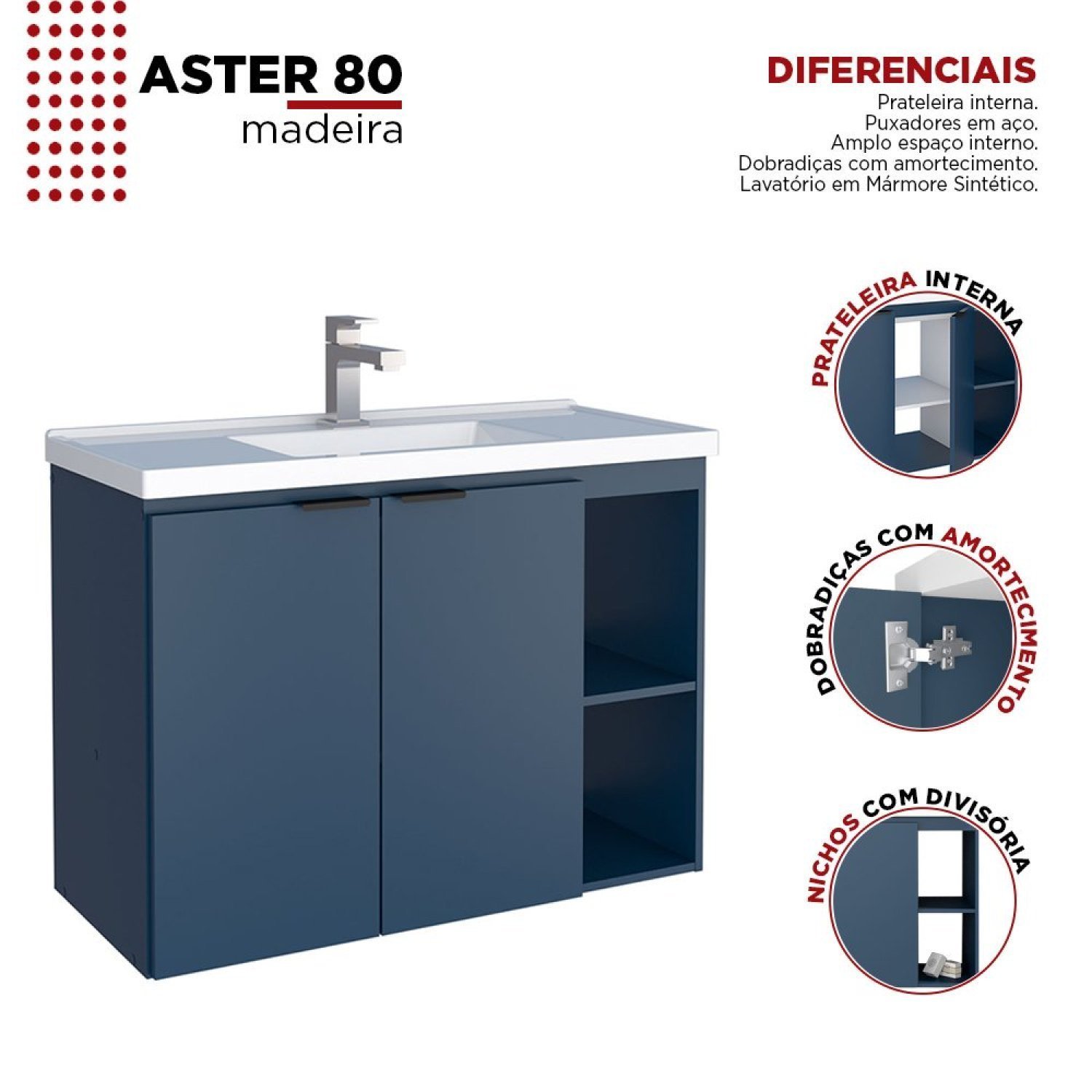 Gabinete para Banheiro com Cuba em Mármore Sintético 80cm Aster  - 6