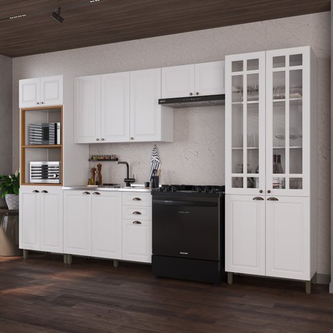 Cozinha Modulada 5 Peças Torre Quente Cristaleira Balcão sem Tampo 2 Aéreos 100% MDF com Vidro Bari