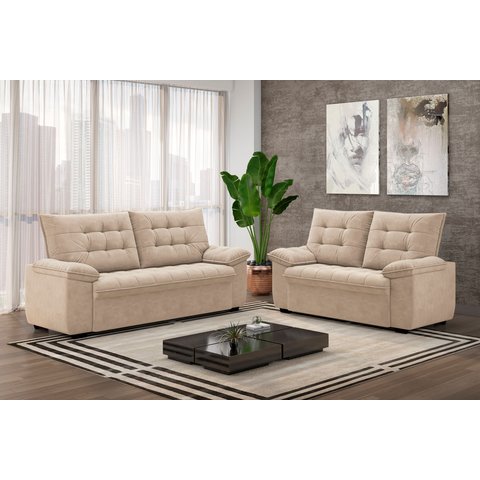 Conjunto de Sofás Estofados 3 e 2 Lugares Bertioga Bege Capuccino