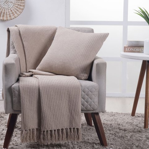 Manta Decorativa para Sofá Boho Favo de Mel Bege Fastlar Manta 100% Algodão 140x200cm