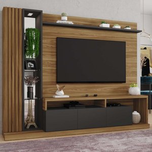 Estante Home para Tv até 75'' 3 Portas 1 Gaveta Splendido Lâmina Mel Preto - Caemmun
