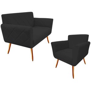 Kit Namoradeira + 1 Poltrona Decorativa Sabrina Suede Preto Pés Madeira Ms Decor