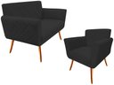 Ver imagem 1 de Kit Namoradeira + 1 Poltrona Decorativa Sabrina Suede Preto Pés Madeira Ms Decor