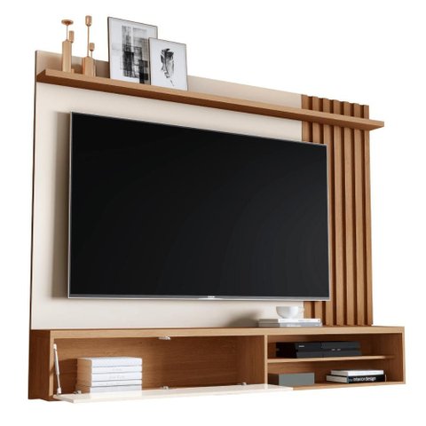 Painel Ripado para Tv Rack Suspenso Sala Off White Freijó