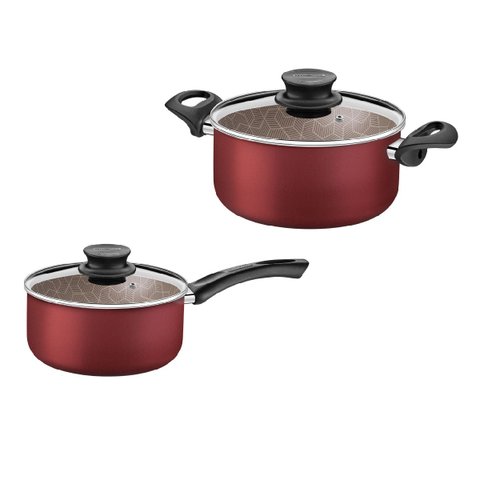 Kit com 2 Panela Tramontina Paris Antiaderente com Tampa de Vidro 18 Cm 20 Cm Vermelho