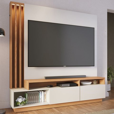 Estante Painel para TV 65 pol com LED Alencar C04 Off White Matte Freijó - Lyam Decor