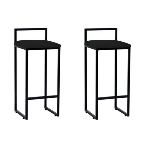 Kit 2 Banquetas Alta Industrial Premium Bar Cozinha Bistrô Aço Dori Preta Assento Corino Preto