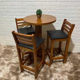 Conjunto Bistrô Fixo Mesa 3 Banquetas Estofadas de Madeira Cor:mel - 1