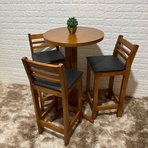 Conjunto Bistrô Fixo Mesa 3 Banquetas Estofadas de Madeira Cor:mel
