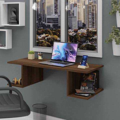 Mesa Suspensa Escrivaninha Computador 900x420 C/prateleiras - Nogal