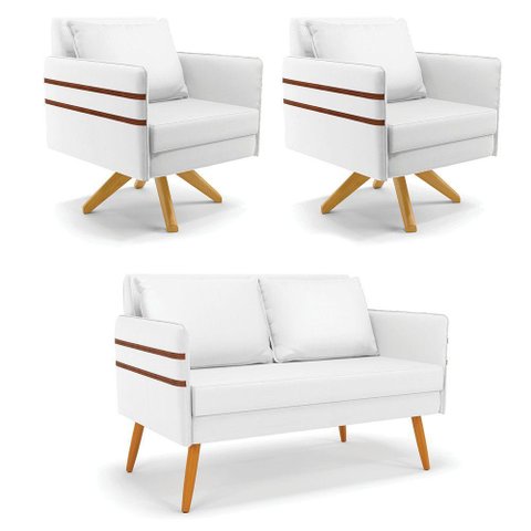 Kit 01 Namoradeira 02 Lugares e 02 Poltronas Mari Corino Base de Madeira Ma30 - D'Rossi Branco