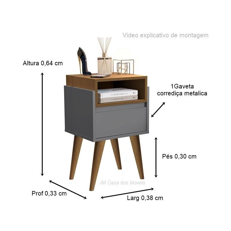 Mesa de Cabeceira Pés Palito Evora Onix / Nature - Comprar Moveis em Casa