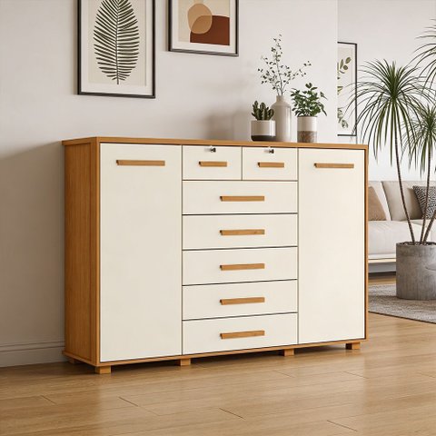 Cômoda Sapateira 2 Portas 7 Gavetas com Chave Riviera A04 Cinamomo Off White - Lyam Decor