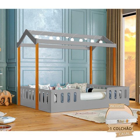 Cama Infantil Montessoriana Ágatha Casal com Led e Colchão Cinza-amêndoa