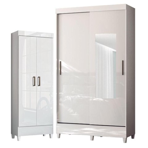 Guarda Roupa Solteiro 2 Portas de Correr com Espelho e Pés e Armário Multiuso com Pés Fit Branco