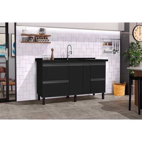 Gabinete Cozinha Mdf 1,44m Elegance com 5 Pés Pré-montado:preto