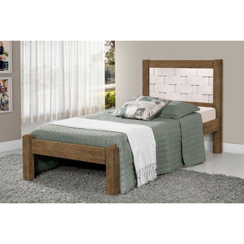 Cama Lai Solteiro com Cabeceira Trabalhada 100% Mdf com Estrado em Madeira Cor Jequitiba/off White J