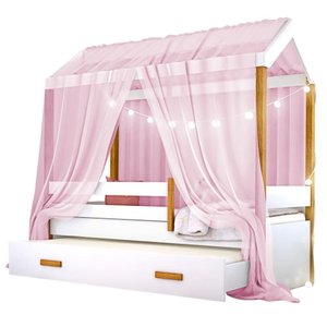 Cama Montessori com Auxiliar Cordão Led e Dossel - Rosa