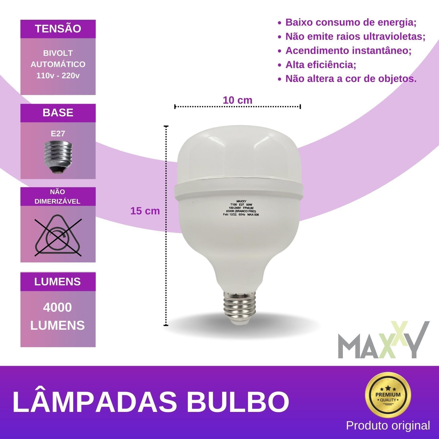 Kit 10 Lâmpadas Bulbo 50w Fria E27 - Branco Frio 6500k - 3