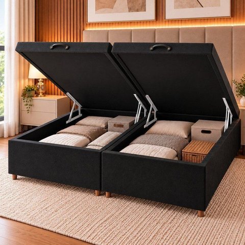 Base Box Baú Queen Lions 35cm 1,98m 1,58m Preto Viero