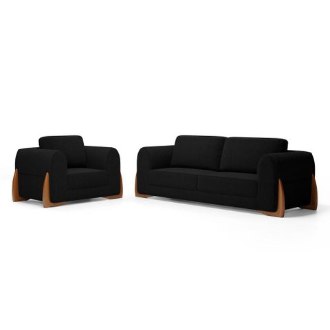 Kit Poltrona e Sofá Bloom 180cm 02 Lugares com Pés de Madeira Bouclê Preto - Desk Design