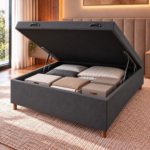 Base Box Baú Casal Lions 35cm 1,88m 1,38m Cinza Viero