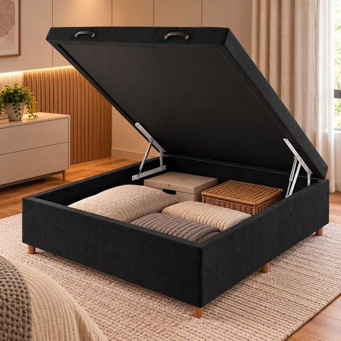 Base Box Baú Casal Lions 35cm 1,88m 1,38m Preto Viero