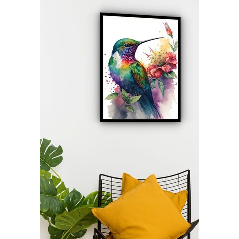 Quadro Decorativo Beija Flor Aquarela - 70x50cm:moldura Branca