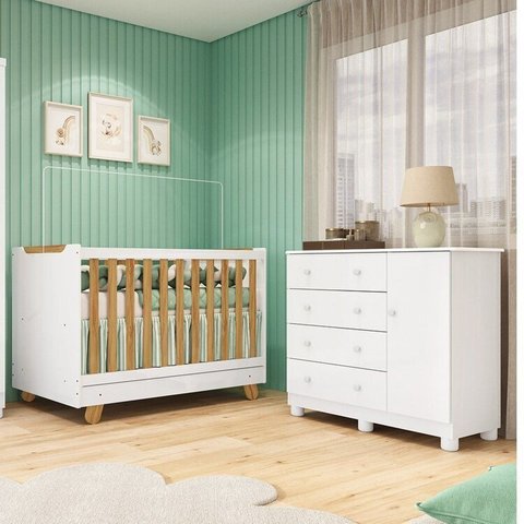 Quarto de Bebê com Cômoda 1 Porta e Berço 4 em 1 Minicama 100% MDF Mike Espresso Móveis Branco/Brilho/Amêndoa