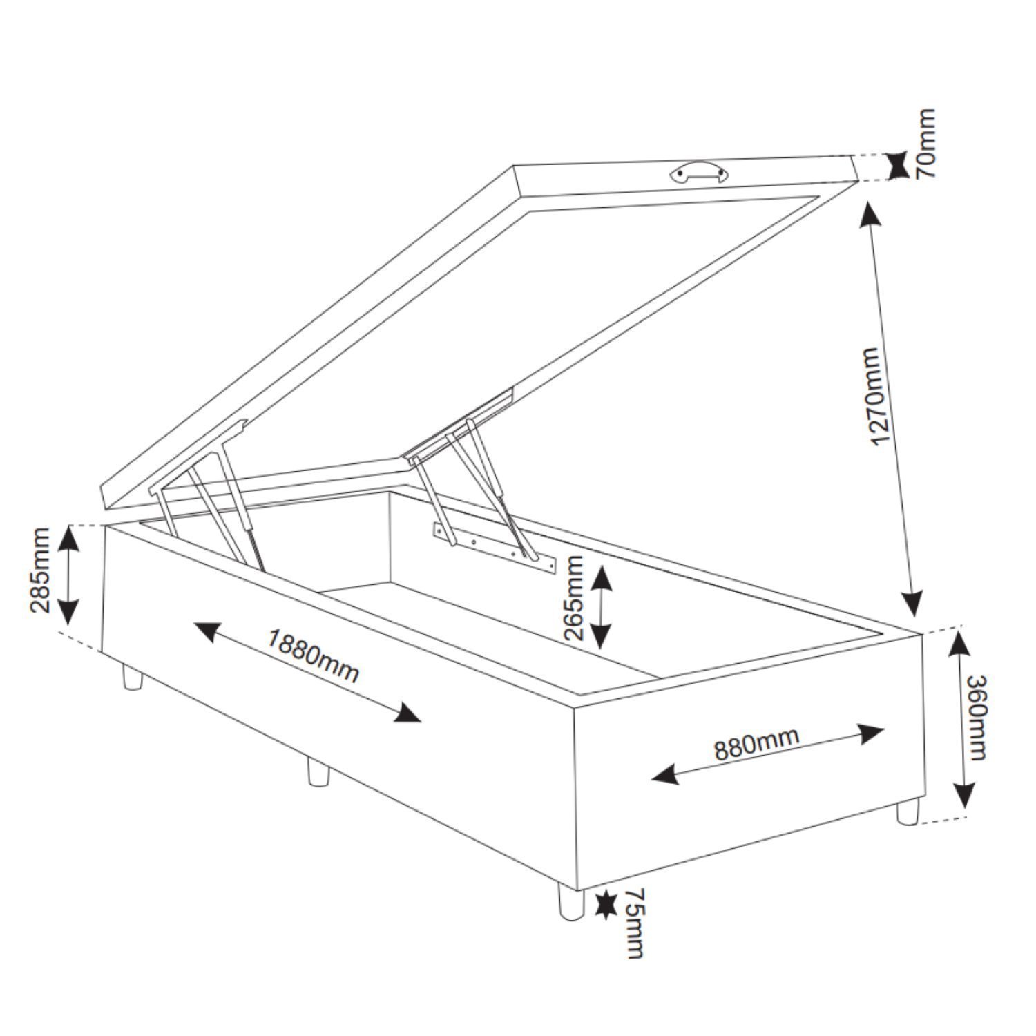 Base Box Baú Solteiro Ibiza 35cm 1,88m 0,88m - 2