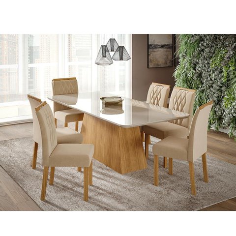 Mesa para Sala De Jantar Helena 210 x 100 cm e 6 Cadeiras Juliana Cimol Nature/Off-White/Madeira/