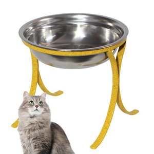 Comedouro Alto Simples em Ferro e Inox para Gatos Pet - Amarelo