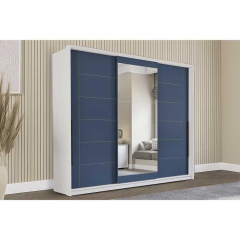 Guarda Roupa Casal 3 Portas de Correr (1 C/ Espelho) e 4 Gavetas Lisboa Branco/azul - Politorno