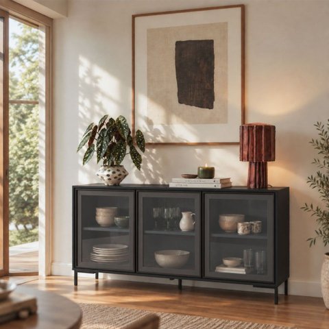 Balcão Buffet Refresh 3 Portas 3 Prateleiras com Vidro Preto - BRV